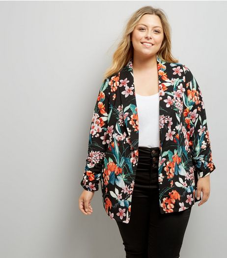 Curves Black Floral Print Blazer | New Look