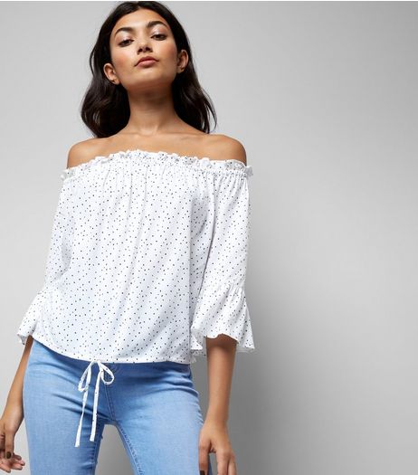 White Spot Print Bell Sleeve Bardot Neck Top | New Look