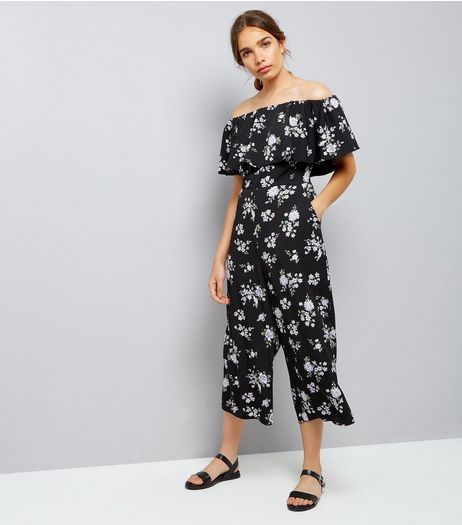 Black Floral Print Bardot Neck Jumpsuit | New Look