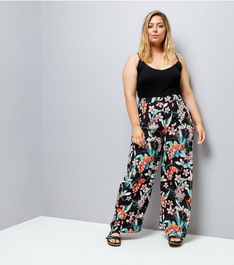 Curves Black Floral Print Wide Leg Trousers | New Look
