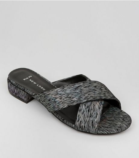 Wide Fit Black Velvet Metallic Cross Strap Sandals | New Look