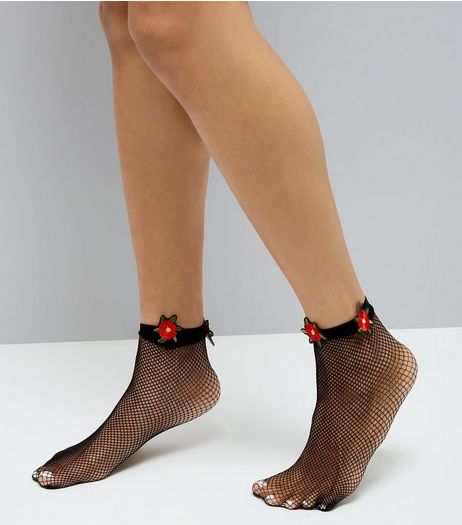 Black Floral Embellished Fishnet Socks | New Look
