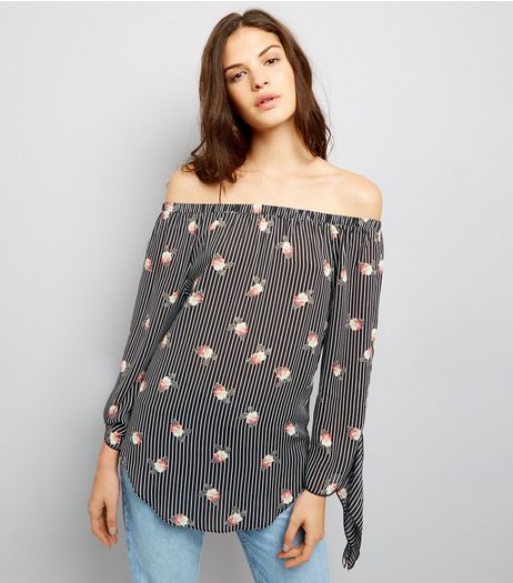 Cameo Rose Black Stripe Floral Print Bardot Top | New Look