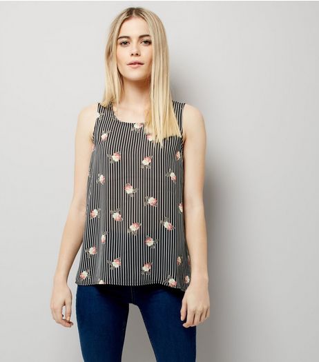 Cameo Rose Black Stripe Floral Print Vest | New Look