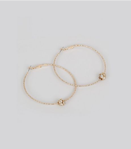 Gold Crystal Ball Hoop Earrings | New Look