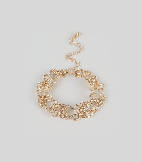 Gold Crystal Filigree Cutout Bracelet | New Look