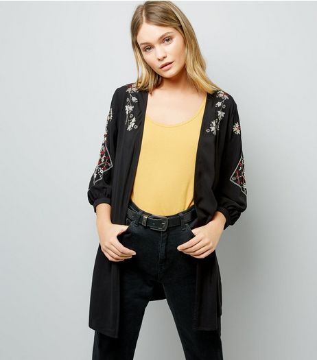 Black Crochet Embroidered Kimono | New Look