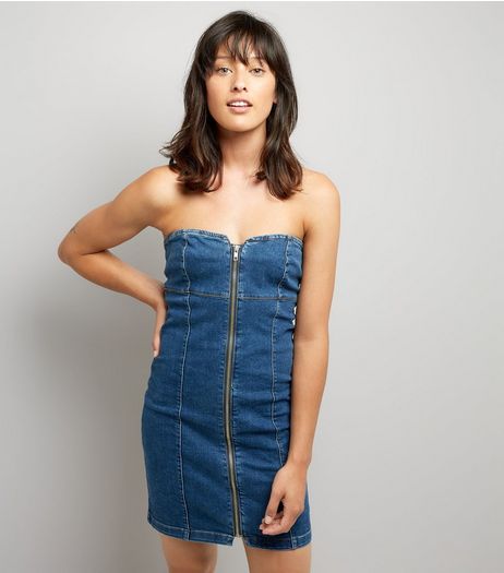 Blue Denim Bodycon Zip Front Dress | New Look