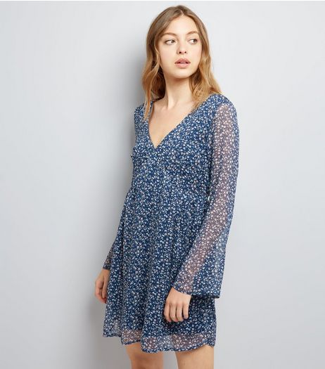 Apricot Navy Ditsy Floral Print Dress | New Look