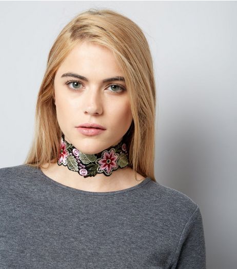 Black Floral Embroidered Wide Choker | New Look