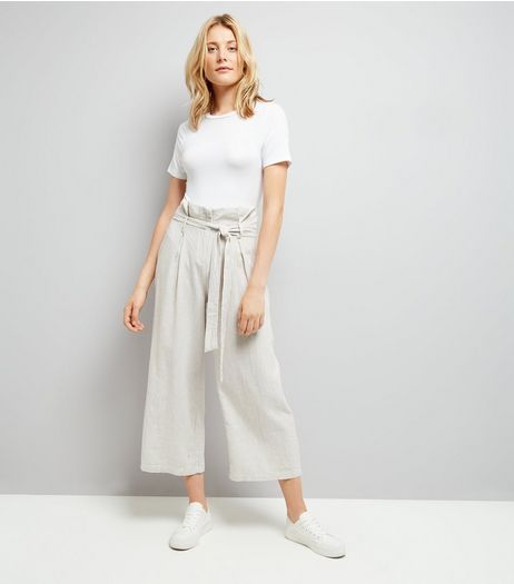 Cream Stripe Tie Waist Trousers | New Look