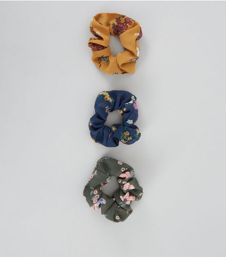 3 Pack Mustard Blue and Green Floral Scrunchies | New Look