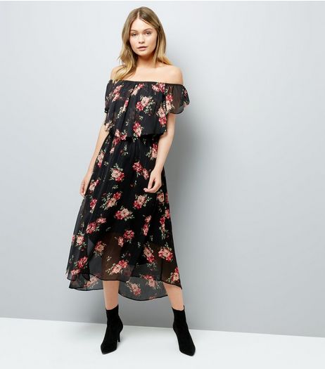 Black Floral Print Frill Trim Bardot Neck Midi Dress | New Look