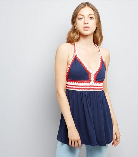 Apricot Navy Crochet Trim Cross Strap Cami Top | New Look