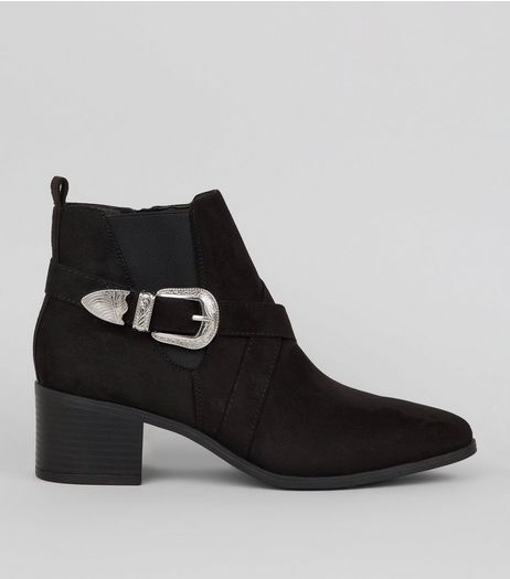 Black Suedette Buckle Western Ankle Boots | New Look