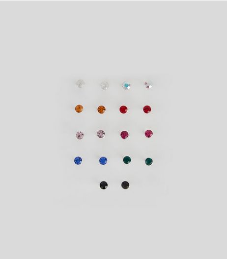 9 Pack Silver Crystal Multi Coloured Stud Earrings | New Look