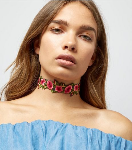 Pink Rose Embroidered Choker | New Look