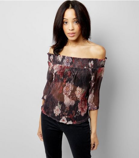 Black Floral Print Metallic Detail Bardot Neck Top | New Look