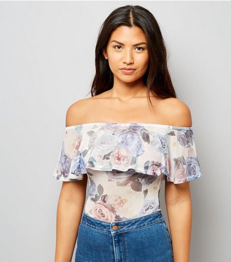 White Floral Print Mesh Bardot Neck Bodysuit | New Look
