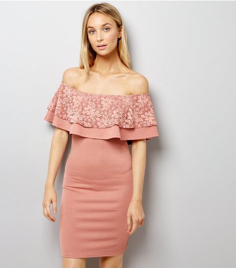 Pink Lace Frill Trim Bardot Neck Bodycon Dress | New Look