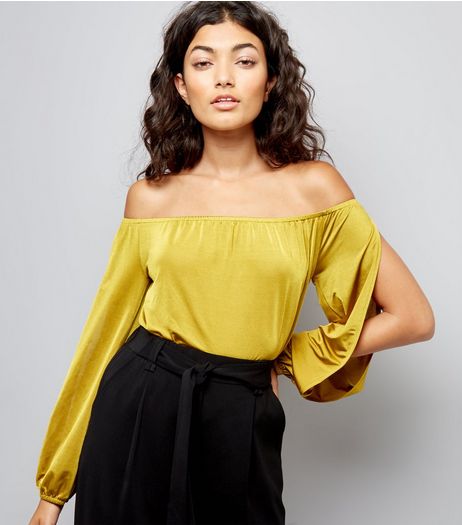 Green Split Sleeve Bardot Neck Bodysuit | New Look