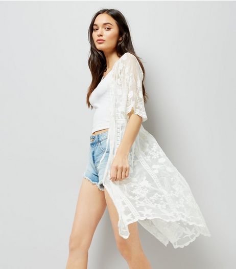 White Lace Mesh Tie Waist Kimono | New Look