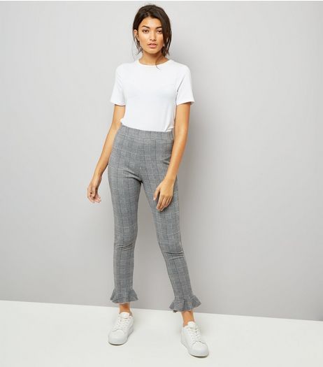 Black Check Jacquard Frill Hem Leggings | New Look