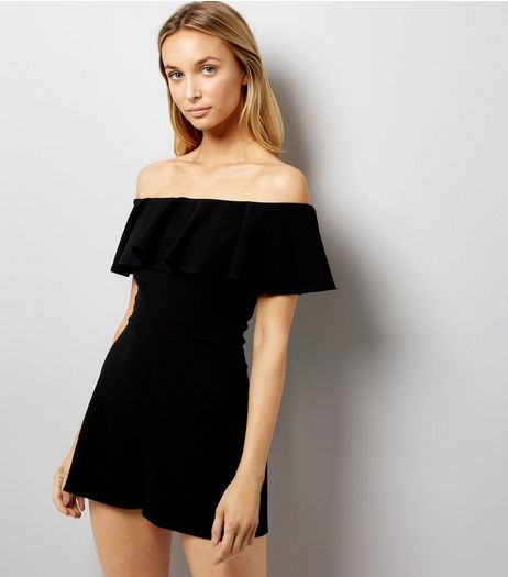 Black Frill Bardot Neck Playsuit | New Look
