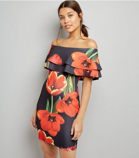 Cameo Rose Red Floral Print Bardot Dress | New Look