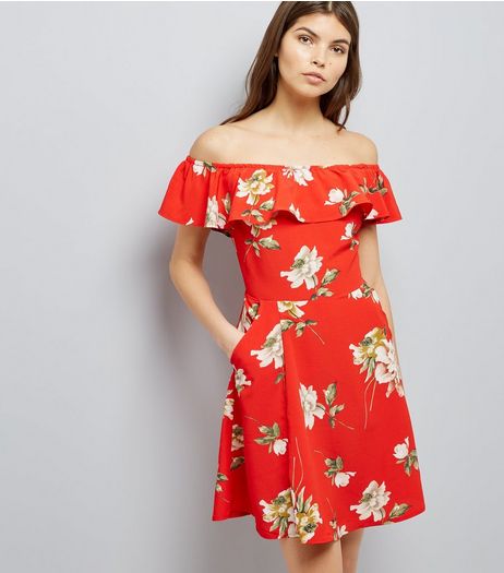 Cameo Rose Red Floral Print Bardot Neck Dress | New Look