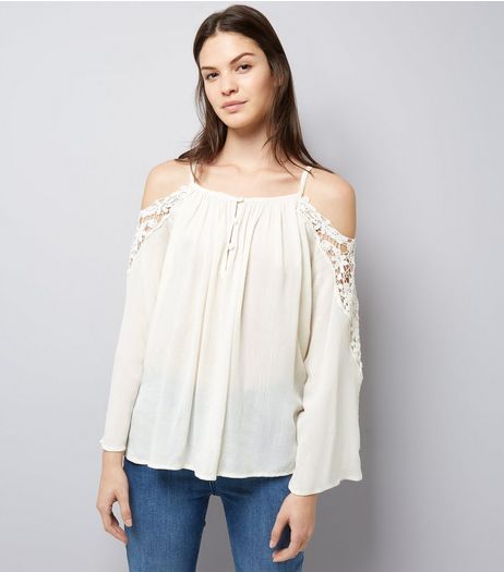 Apricot Cream Crochet Cold Shoulder Top | New Look