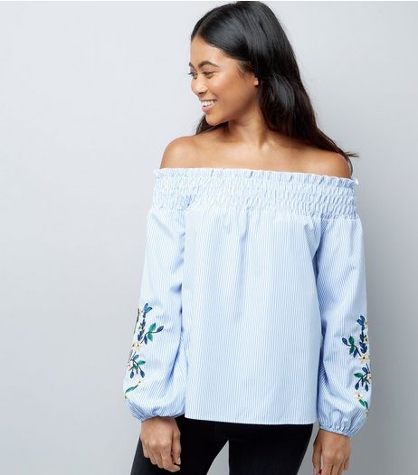 Petite Blue Embroidered Sleeve Bardot Neck Top | New Look