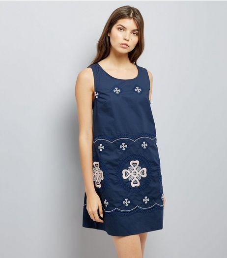 Apricot Navy Embroidered Detail Shift Dress | New Look