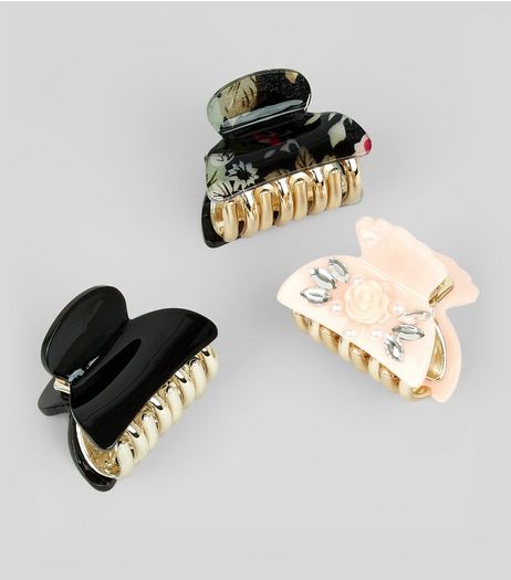 3 Pack Embellished and Floral Print Bulldog Clips | New Look