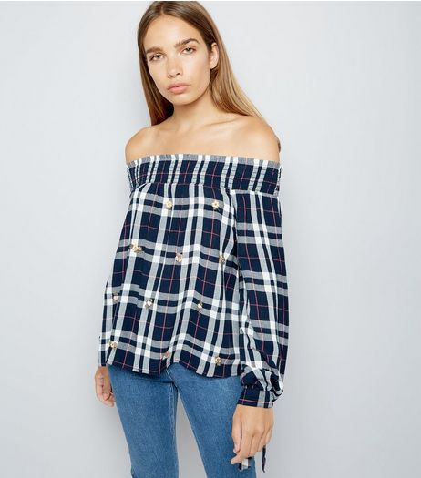 Navy Gingham Floral Embroidered Bardot Neck Top | New Look