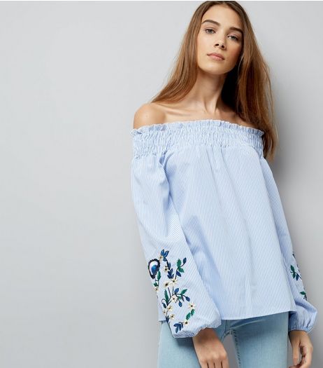 Blue Stripe Embroidered Bardot Neck Top | New Look