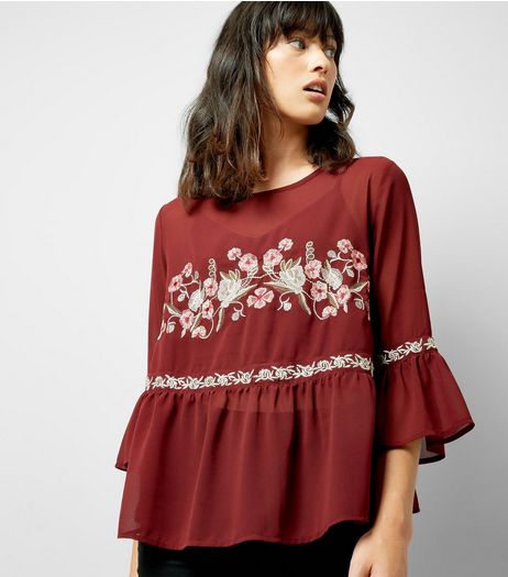 Burgundy Floral Embroidered Mesh Top | New Look