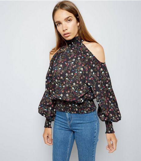 Black Vintage Floral Print Shirred Cold Shoulder Top | New Look