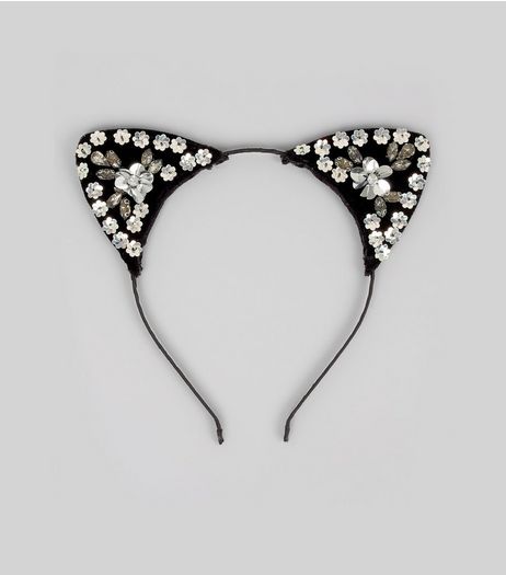 Black Floral Sequin Embellished Cat Ear Headband | New Look