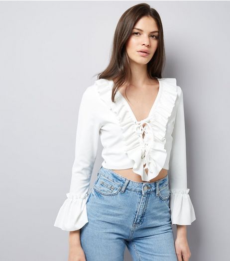 Cameo Rose White Lace Up Frill Trim Crop Top | New Look