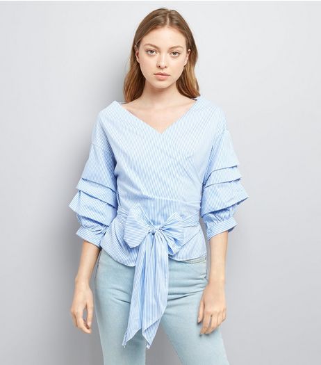Cameo Rose Blue Stripe Tie Front Tiered Sleeve Top | New Look