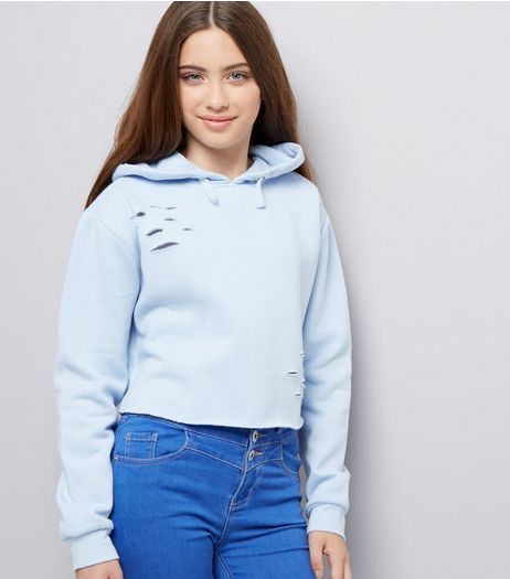 Teens Pale Blue Ripped Hoodie | New Look