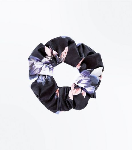 Black Floral Print Scrunchie | New Look