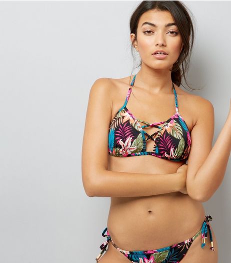 Black Tropical Print Lattice Front Bikini Top | New Look