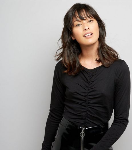 Black Ruched Front Long Sleeved Top | New Look