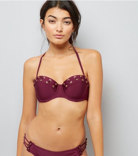 Burgundy Eyelet Bikini Top | New Look
