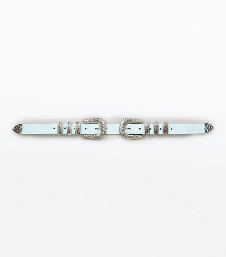 Pale Blue Double Buckle Western Belt | New Look