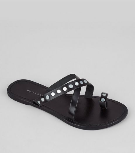 Wide Fit Black Studded Cross Strap Leather Sandals | New Look