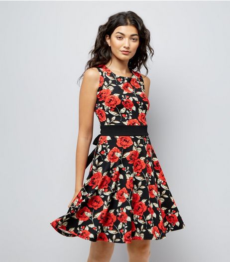 Mela Black Rose Print Skater Dress | New Look