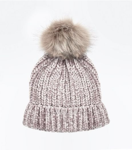 Mink Chenille Knit Faux Fur Pom Pom Hat | New Look